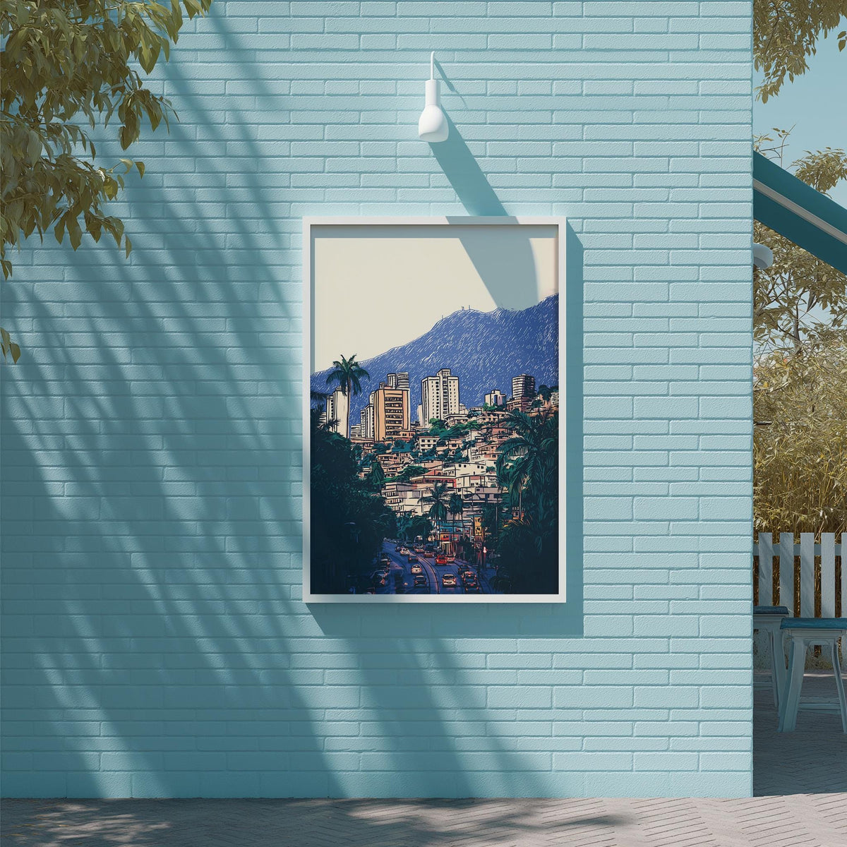 a framed picture of a cityscape with tall buildings and palm trees, hanging on a light blue brick wall.