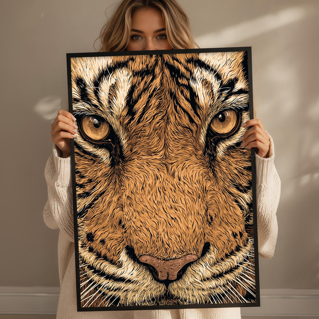 A woman holds up a framed print of a tiger's face, showcasing its distinctive features.