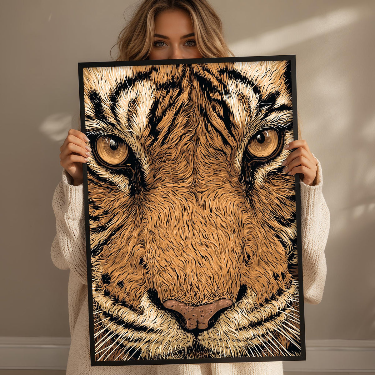 A woman holds up a framed print of a tiger's face, showcasing its distinctive features.
