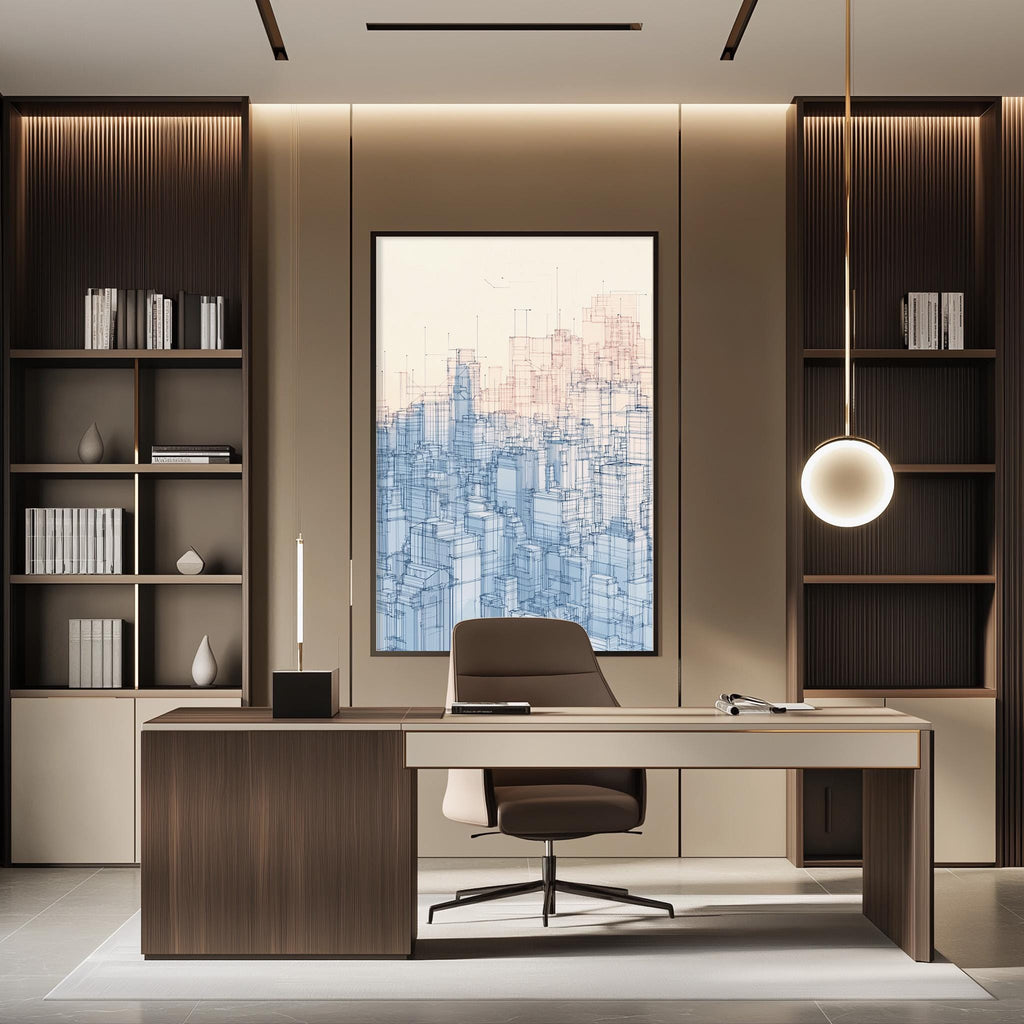a modern and well-designed office space with a large window, wooden furniture, and a cityscape painting on the wall.
