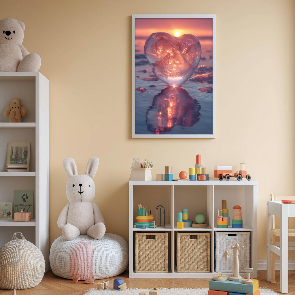 A cozy children's room with a white bookshelf, a plush white bunny, and a colorful toy box filled with toys. A framed picture of a heart-shaped ice sculpture is hanging on the wall, and a shelf holds various toys and books.