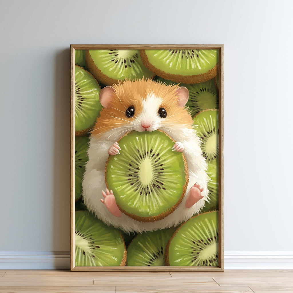 A hamster is holding a slice of kiwi fruit in its paws, surrounded by more kiwi slices.