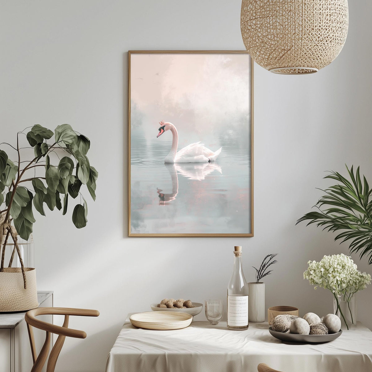 a serene scene of a swan gracefully floating on a calm body of water, with a framed picture hanging on the wall above a table set with various items.
