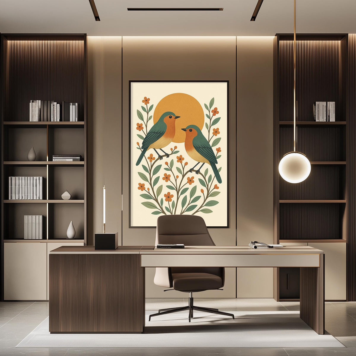 a modern office space with a large framed artwork of two birds perched on a branch with flowers adorning the wall. The office features a wooden desk, a comfortable chair, and a bookshelf filled with books and decorative items.