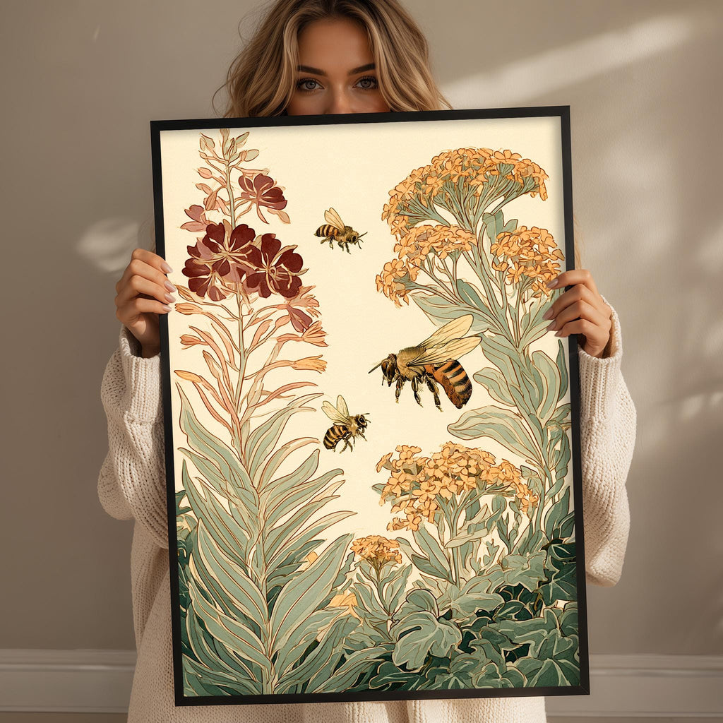 A woman holds up a framed print of a floral and bee illustration, featuring a variety of flowers and bees.