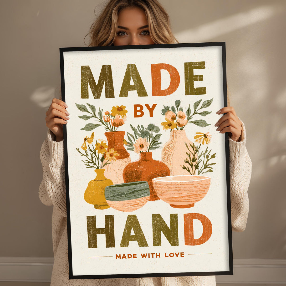 A woman holding a framed poster with the text "MADE BY HAND MADE WITH LOVE" and illustrations of various pottery items.