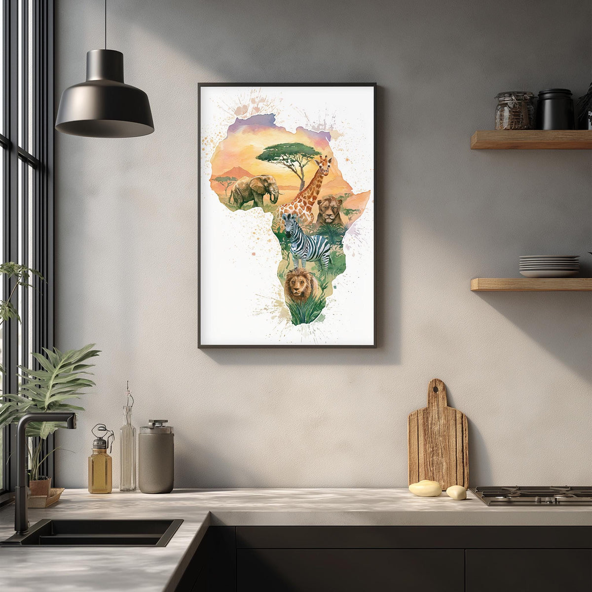 a framed painting of an African continent with various animals, including elephants, giraffes, zebras, and lions, set against a colorful background.