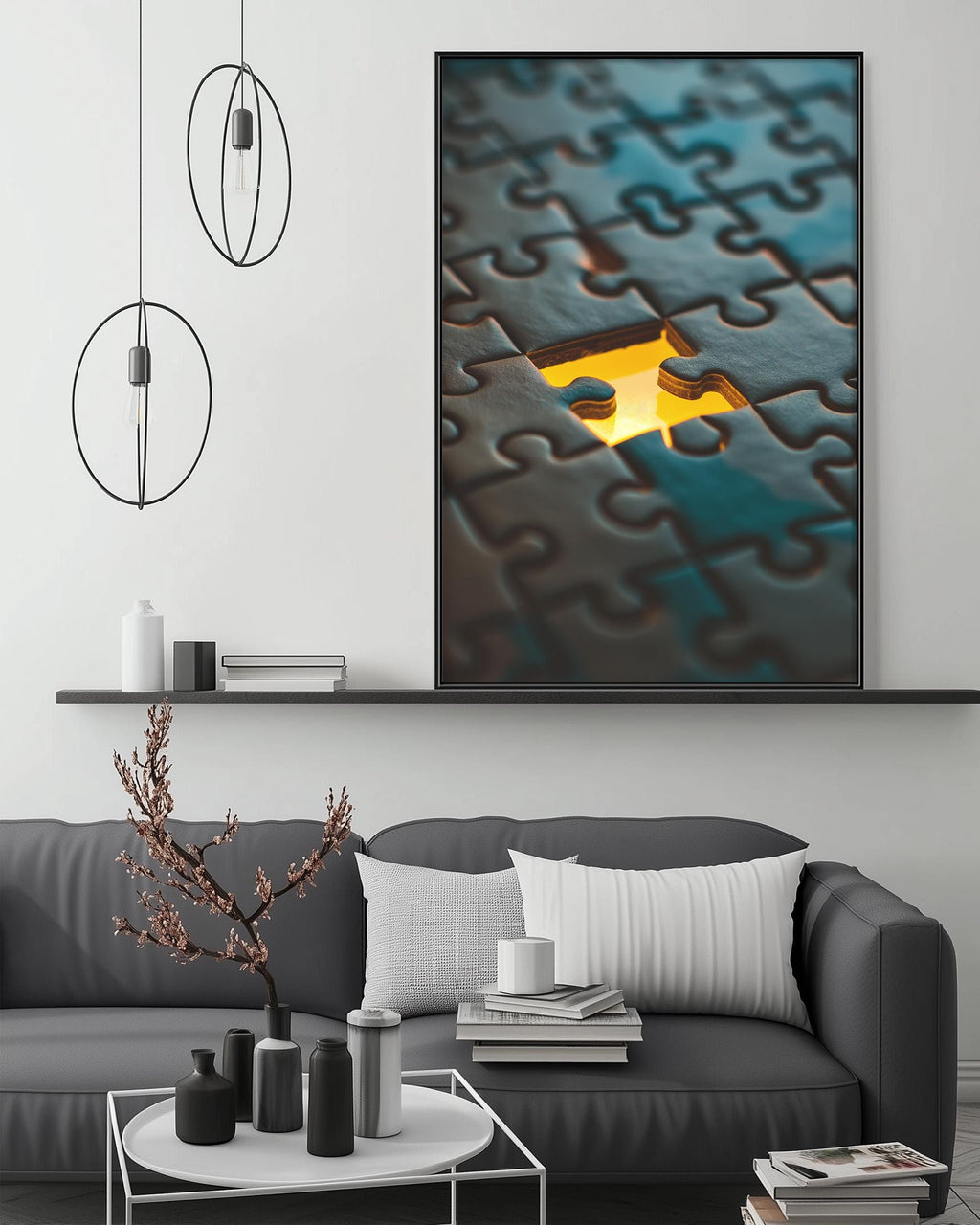 a modern living room with a gray sofa, a coffee table, and a large framed artwork depicting a puzzle with a yellow piece.