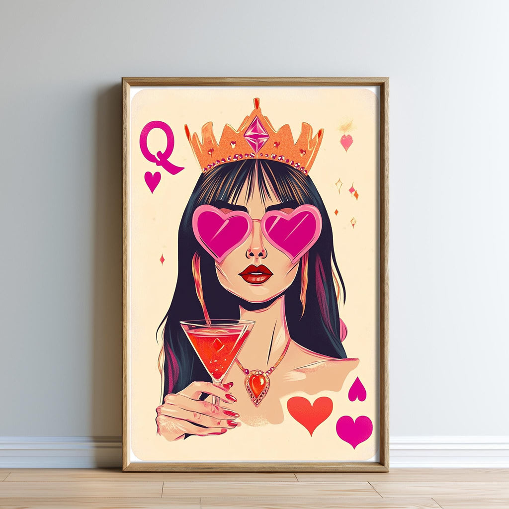 The image is a framed illustration depicting a woman wearing a crown and sunglasses, holding a martini glass, with hearts and hearts surrounding her.