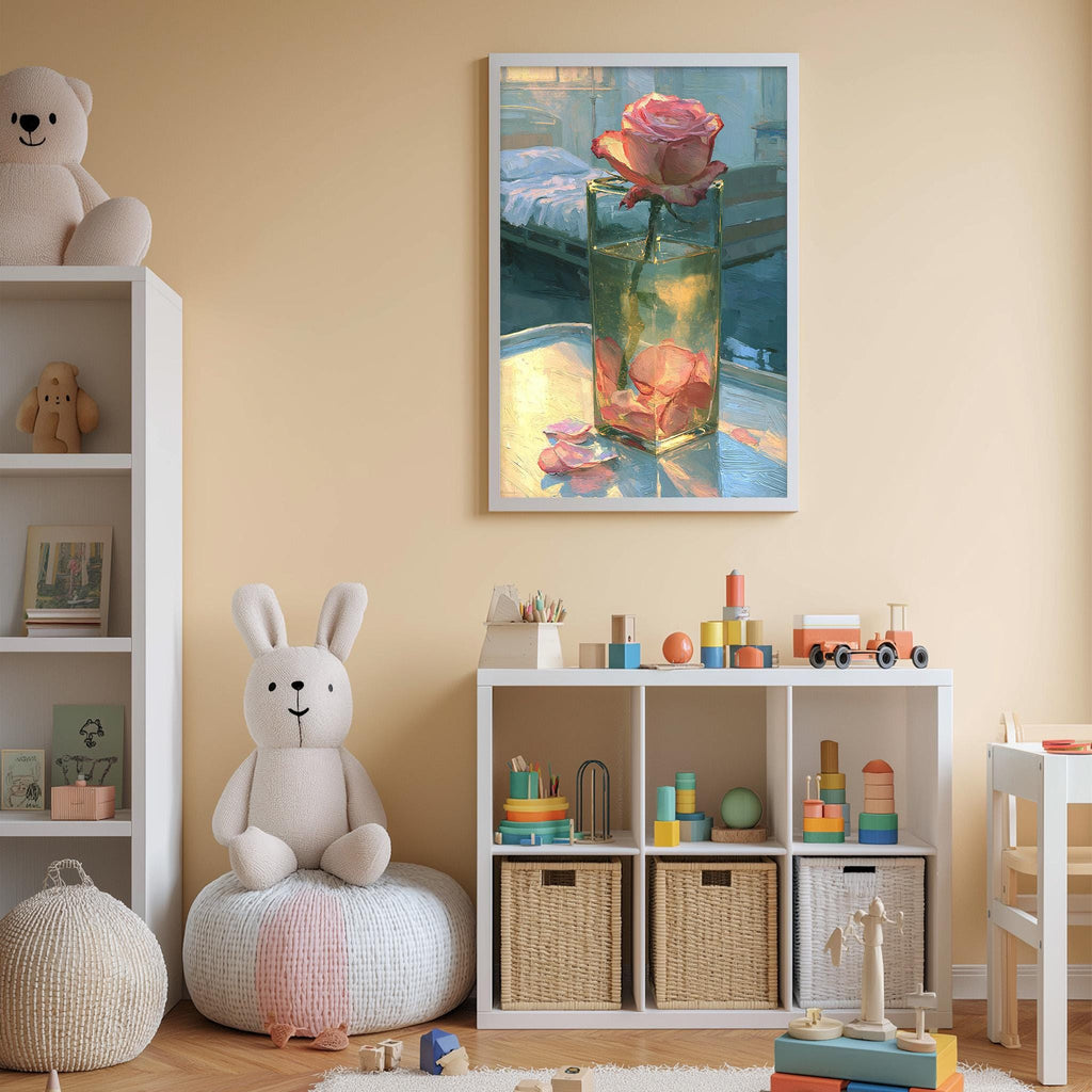 A cozy children's room with a white rabbit sitting on a bean bag chair, surrounded by toys and a shelf with various items. A framed painting of a rose in a glass vase is displayed on the wall above the shelf.