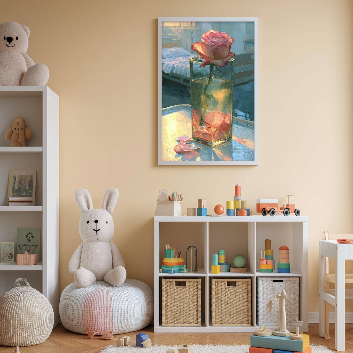 A cozy children's room with a white rabbit sitting on a bean bag chair, surrounded by toys and a shelf with various items. A framed painting of a rose in a glass vase is displayed on the wall above the shelf.