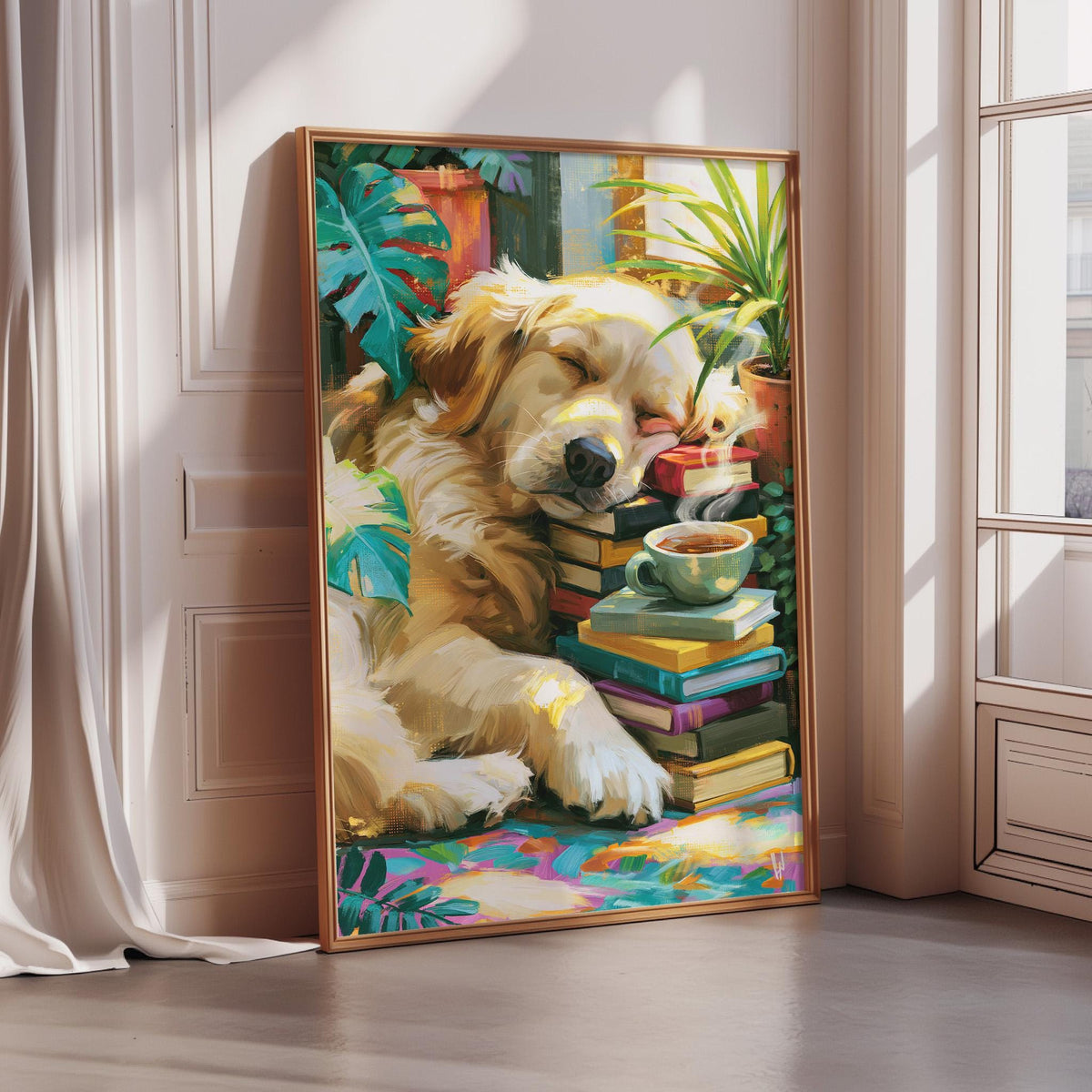 A large framed painting depicting a golden retriever dog sleeping peacefully among a stack of books and plants, with a cup of tea nearby.