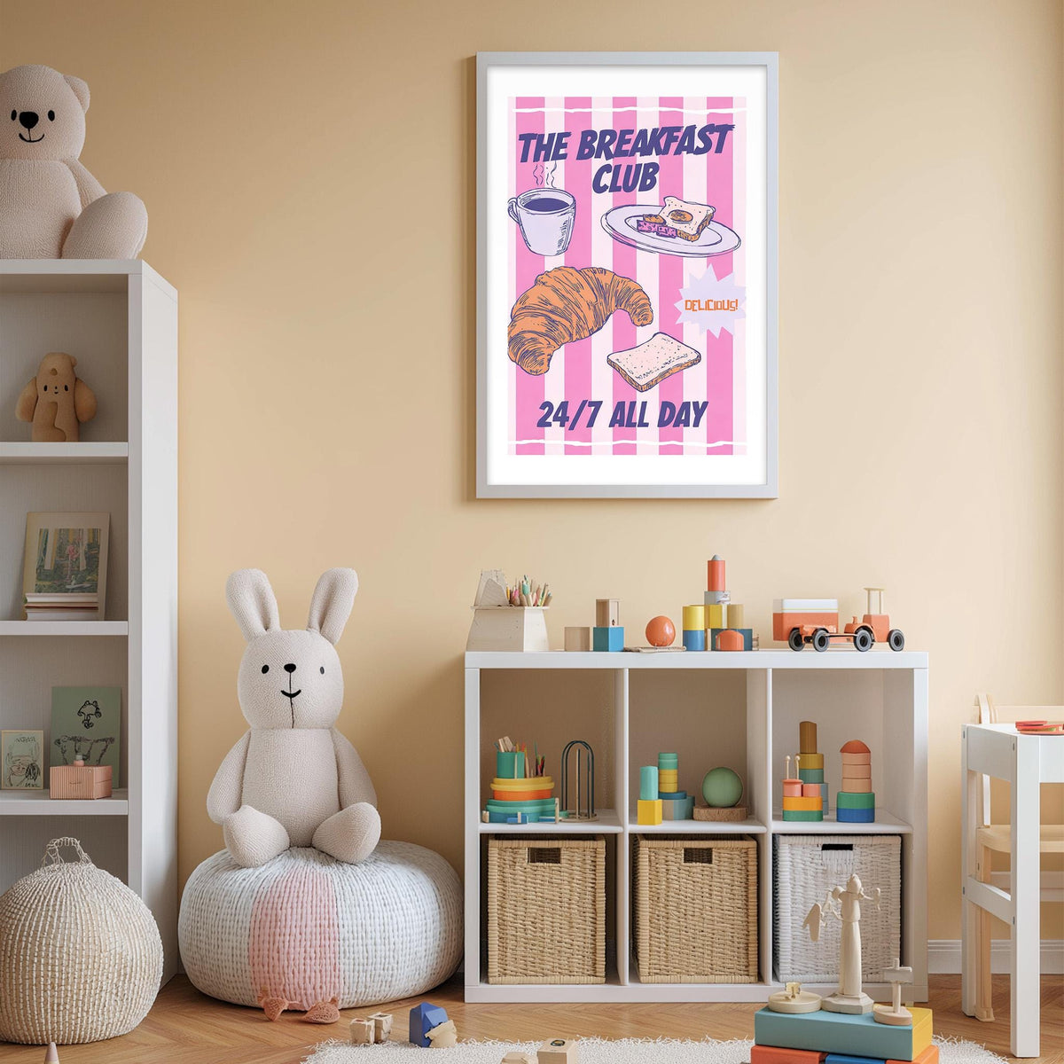 a child's bedroom with a large poster of "The Breakfast Club" on the wall, a white bookshelf filled with toys, and a white chair.