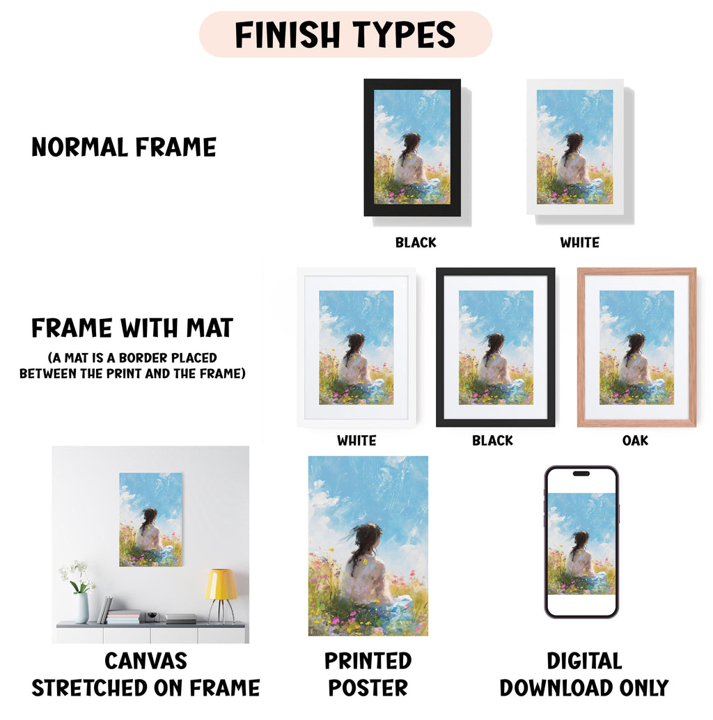 various types of artwork, including a canvas stretched on a frame, a framed poster, and a digital poster. The artwork is presented in different frame colors and styles, such as a normal frame, a black frame, a white frame, and an oak frame. The artwork is also described as a canvas stretched on a frame, a printed poster, and a digital download only. The image is a collage of multiple images, and the text provides information about the different frame types and the artwork displayed.