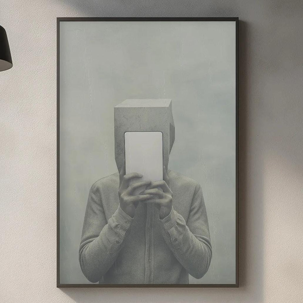 a minimalist kitchen scene with a framed artwork of a person holding a box on the wall above a countertop with various kitchen items such as a cutting board, a soap dispenser, and a plant.