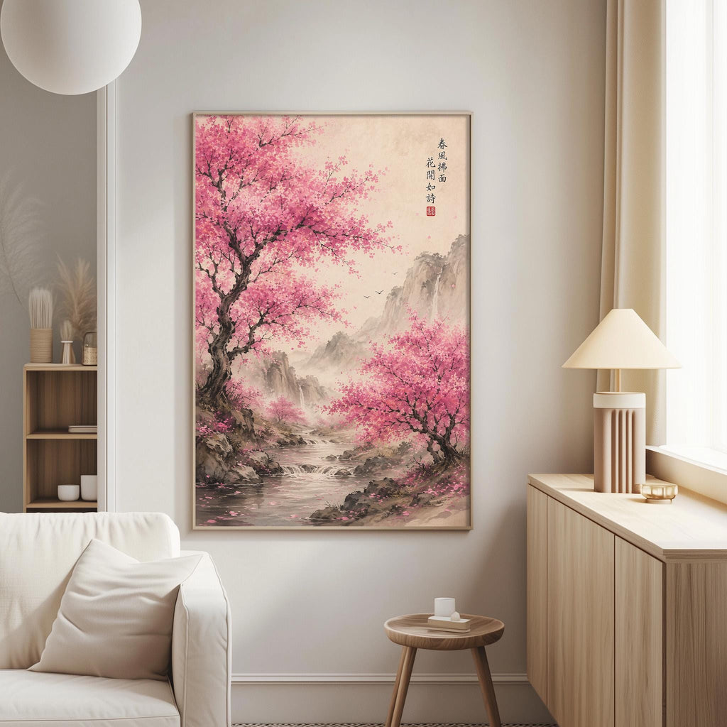 a large framed painting of a serene landscape with a tree in full bloom, surrounded by mountains and a stream. The painting is hung on a wall in a living room setting, with a white sofa and a wooden side table nearby.