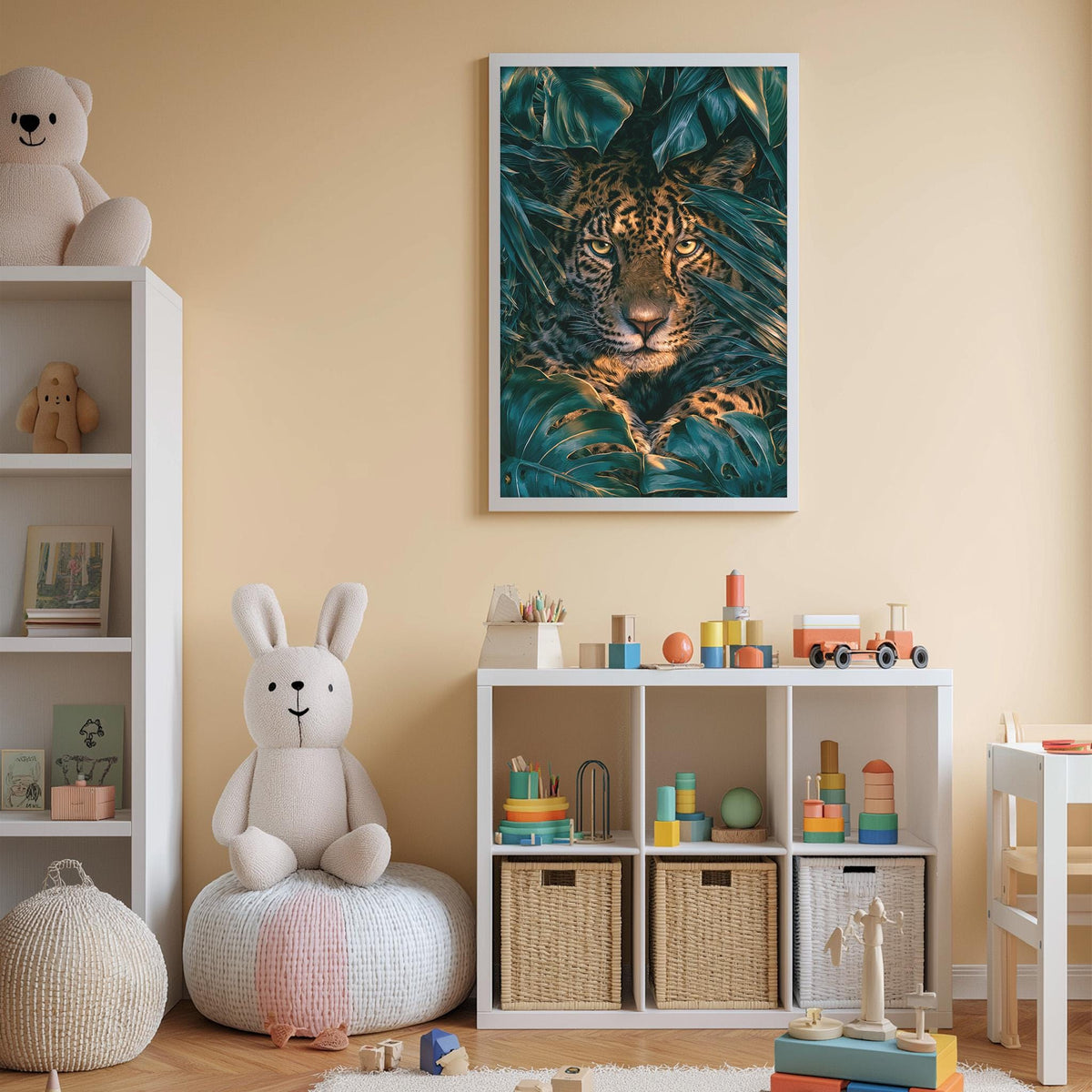 A cozy children's room with a large stuffed rabbit, a bookshelf, and a colorful toy set. The room has a warm, inviting atmosphere with a framed image of a jaguar on the wall.