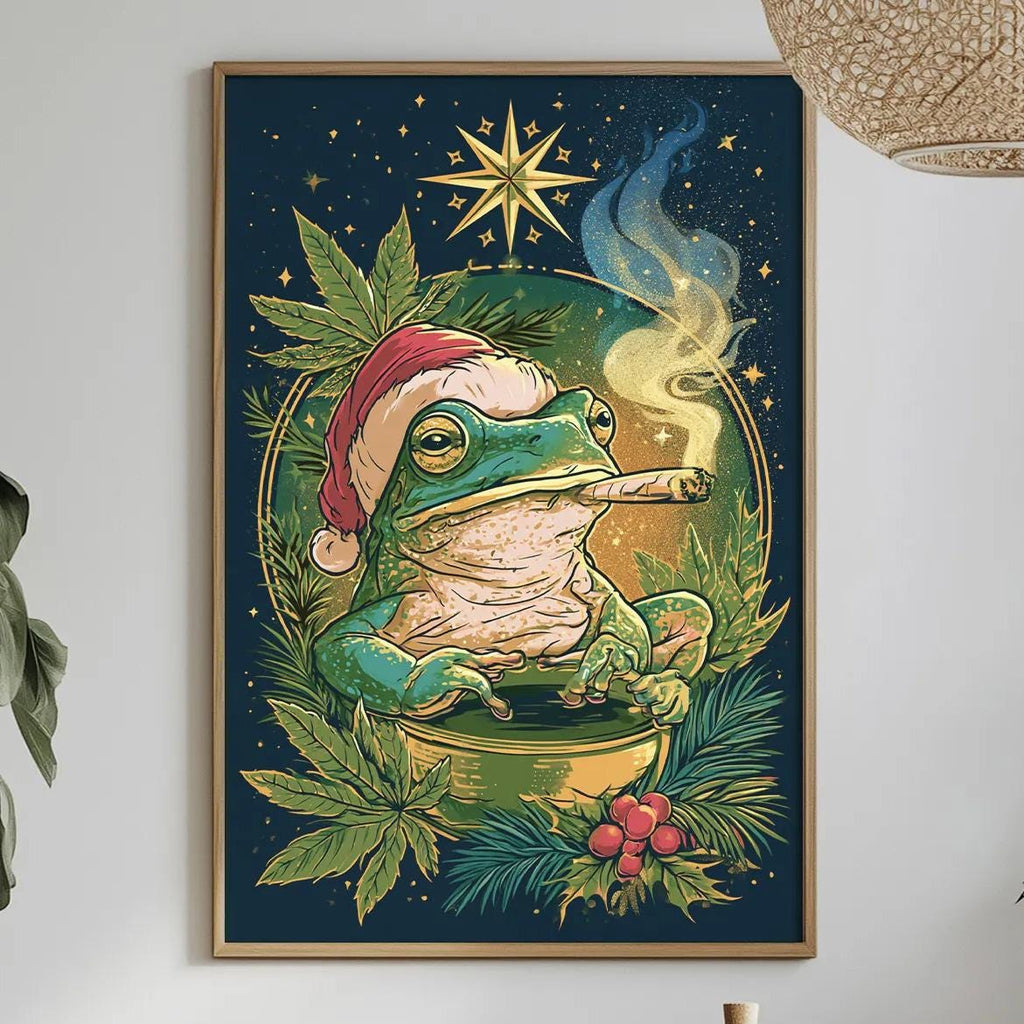 a framed illustration of a frog wearing a Santa hat, sitting in a bowl and smoking a pipe, surrounded by greenery and a starry night sky.
