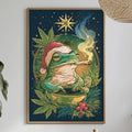 a framed illustration of a frog wearing a Santa hat, sitting in a bowl and smoking a pipe, surrounded by greenery and a starry night sky.
