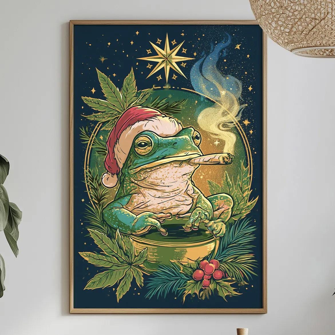 a framed illustration of a frog wearing a Santa hat, sitting in a bowl and smoking a pipe, surrounded by greenery and a starry night sky.