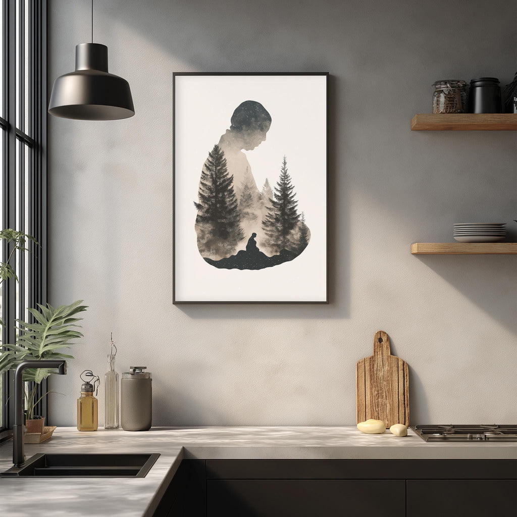 a kitchen counter with various kitchen items, including a cutting board, a sink, and a potted plant. Above the counter, there is a framed image of a person in a forest setting.