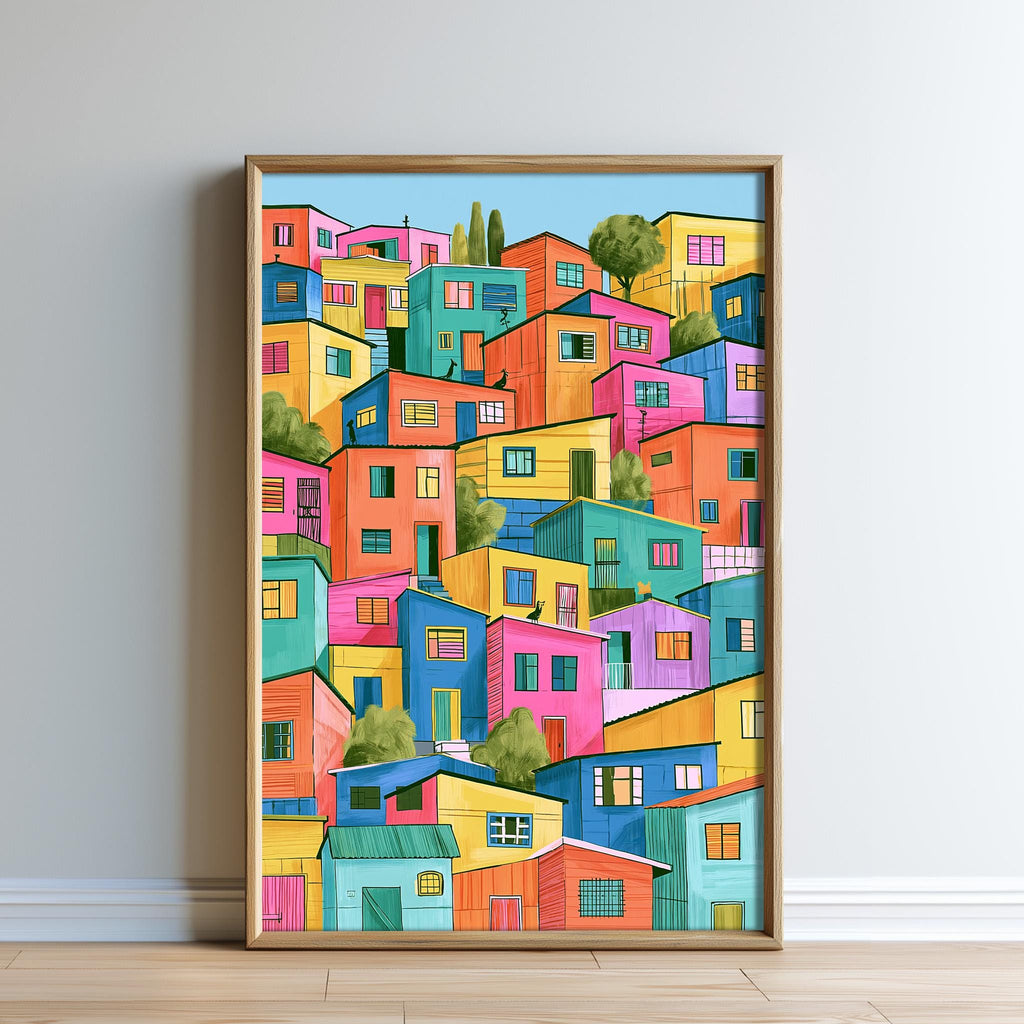 The image is a vibrant and colorful illustration of a densely packed cityscape, featuring a variety of buildings in a variety of bright and vivid colors.