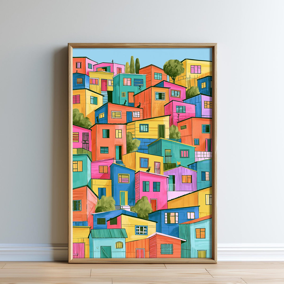 The image is a vibrant and colorful illustration of a densely packed cityscape, featuring a variety of buildings in a variety of bright and vivid colors.