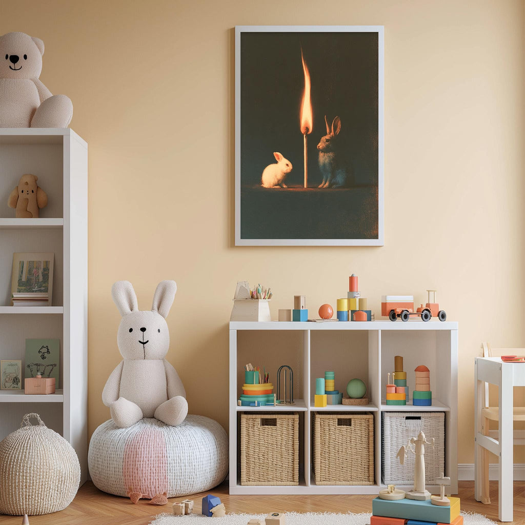 A cozy children's room with a white rabbit sitting on a bean bag chair, surrounded by a variety of toys and storage bins. A framed artwork depicting a lit match is displayed on the wall, and a shelf holds additional stuffed animals and toys.