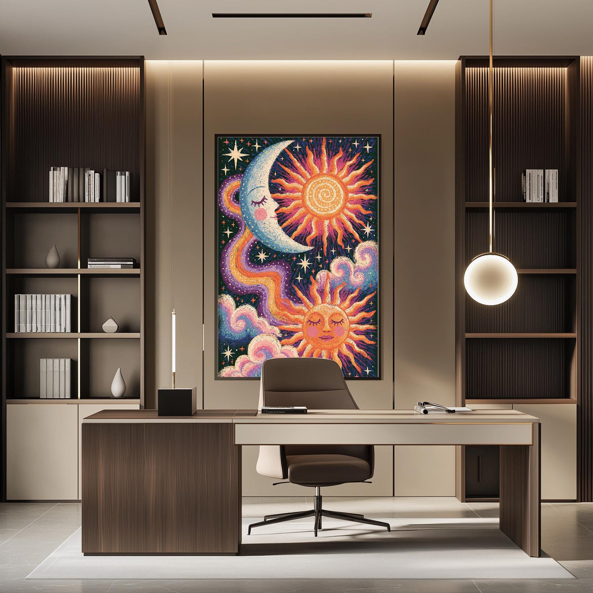 a modern office space with a large, colorful painting of a crescent moon, sun, and other celestial objects hanging on the wall above a desk with a chair.