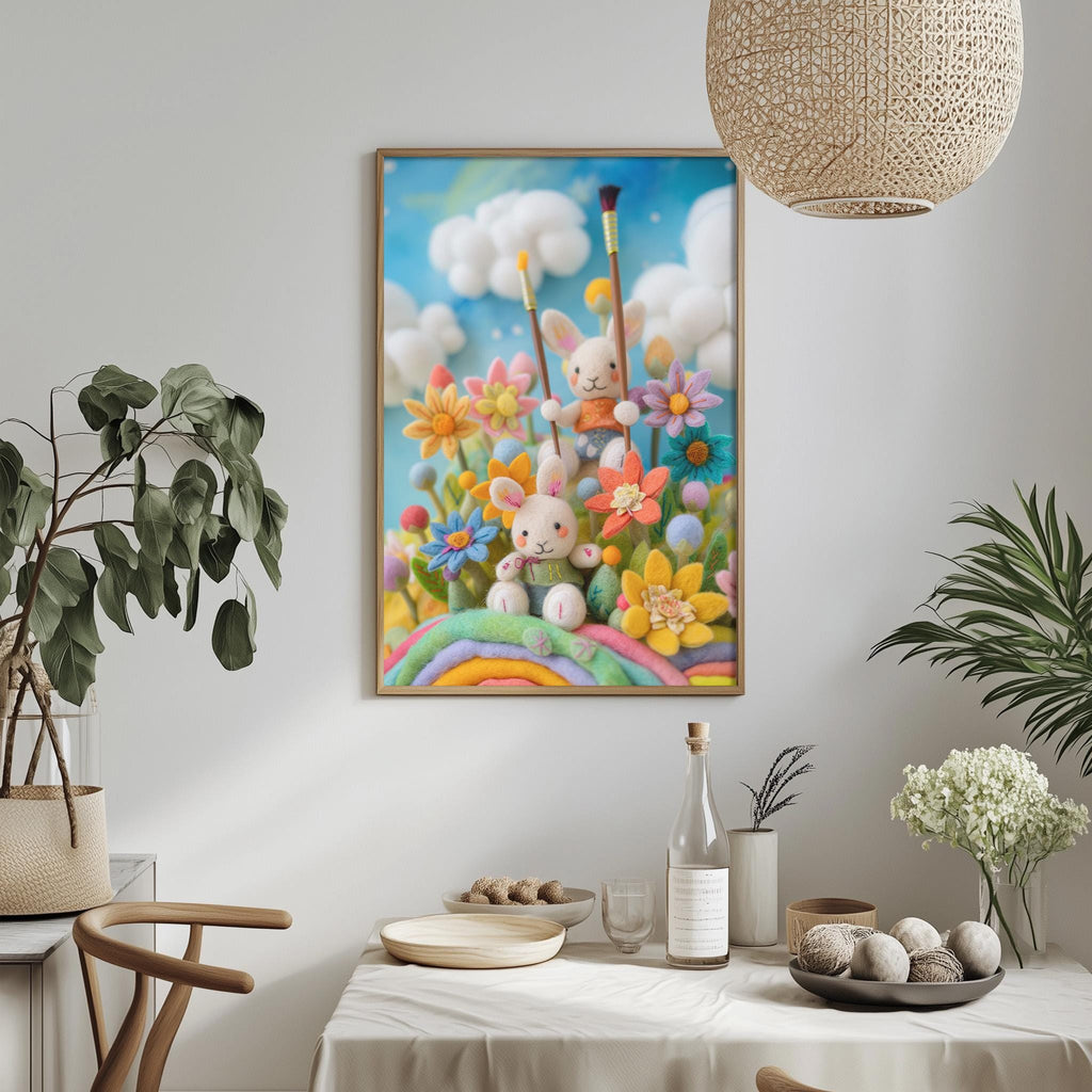 a vibrant and whimsical painting of two bunnies surrounded by a colorful garden scene, with flowers and plants in the background. The painting is hung on a wall above a dining table, which is set with various items such as a bowl, a bottle, and a vase. The overall atmosphere of the scene is cheerful and inviting, with the bunnies and the garden providing a sense of playfulness and delight.
