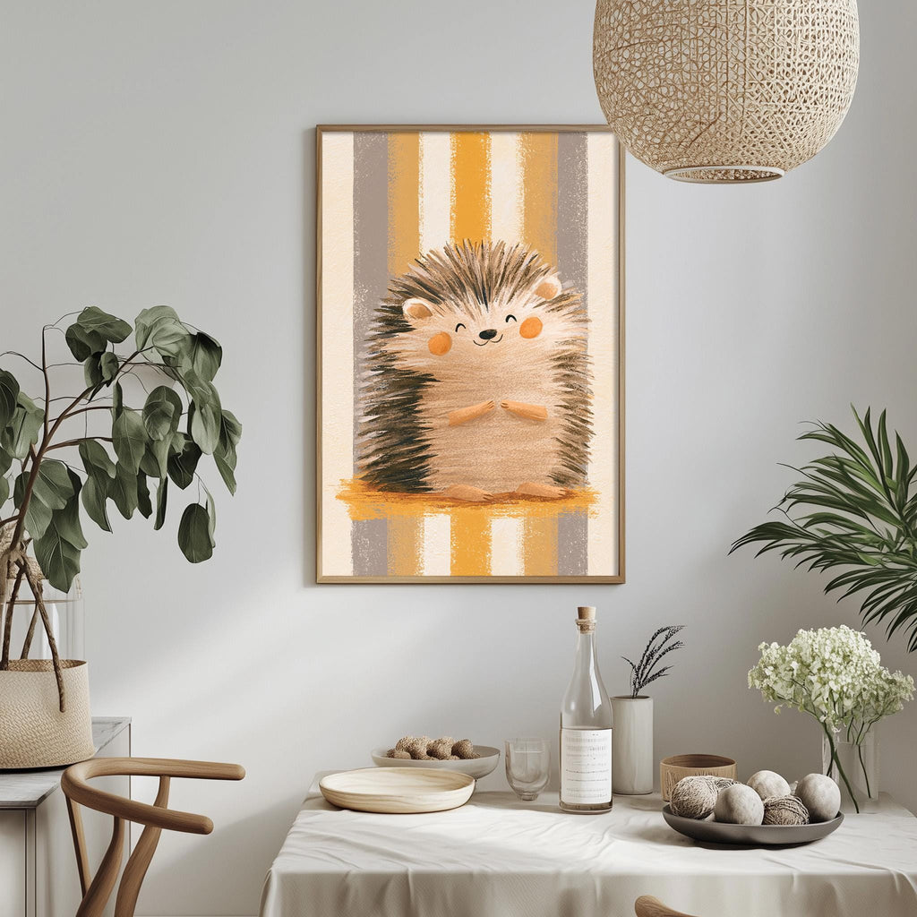 a cozy dining area with a table set for two, a potted plant, a hanging lamp, and a framed picture of a hedgehog.