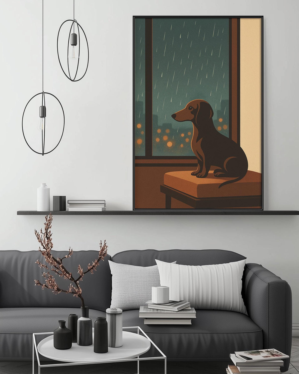 a cozy living room with a gray couch, a coffee table, and a large framed painting of a dog sitting on a windowsill, looking out at the rain.