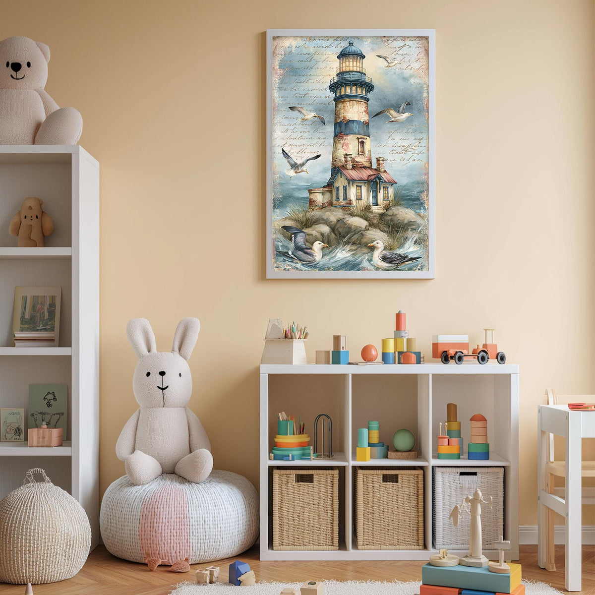 A cozy children's room with a large painting of a lighthouse on the wall, a stuffed rabbit, a bookshelf, and a play area with toys and storage bins.