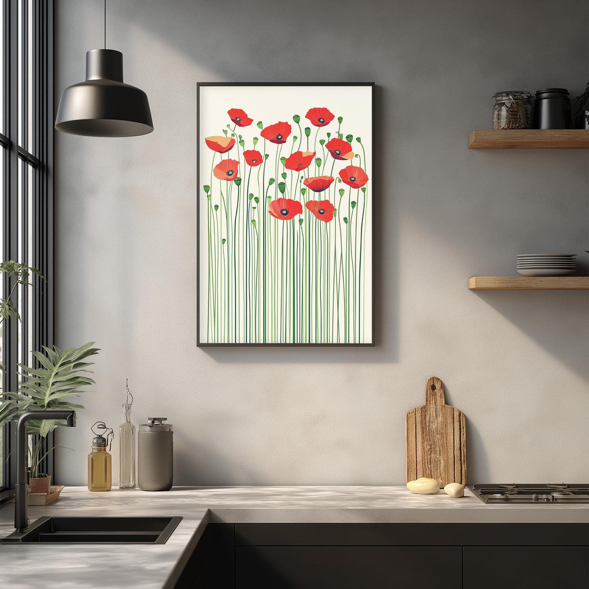 a kitchen counter with a framed artwork of red flowers hanging above it. The counter has various kitchen items, such as a cutting board, a bottle, and a bowl, as well as a potted plant. The overall scene has a modern and minimalist aesthetic.