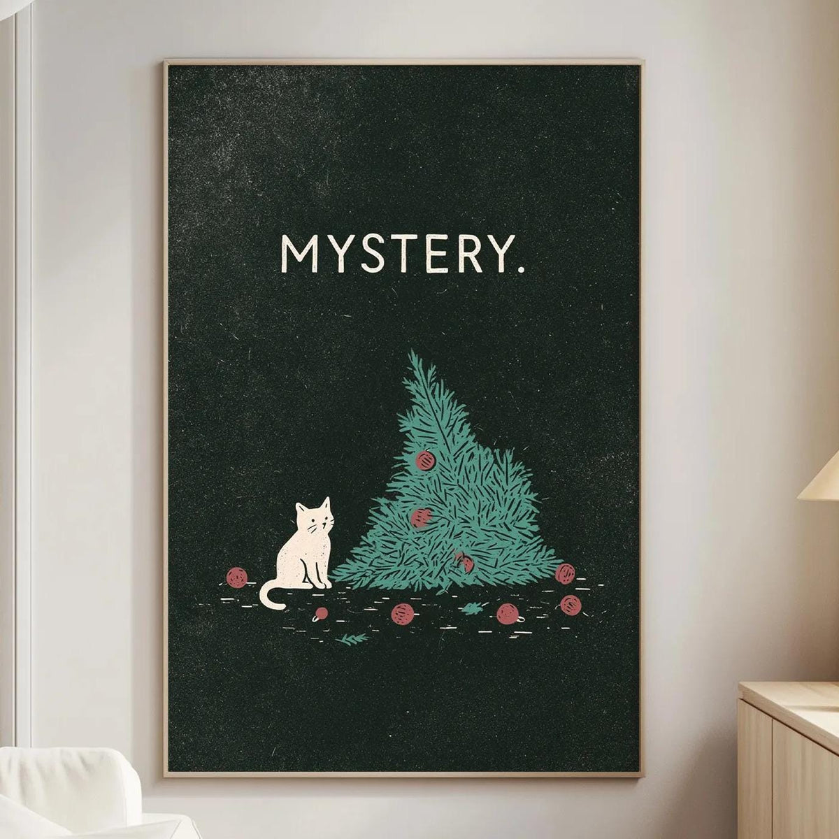 a living room with a large framed poster of a cat sitting on a Christmas tree, with the word "MYSTERY" written on it.