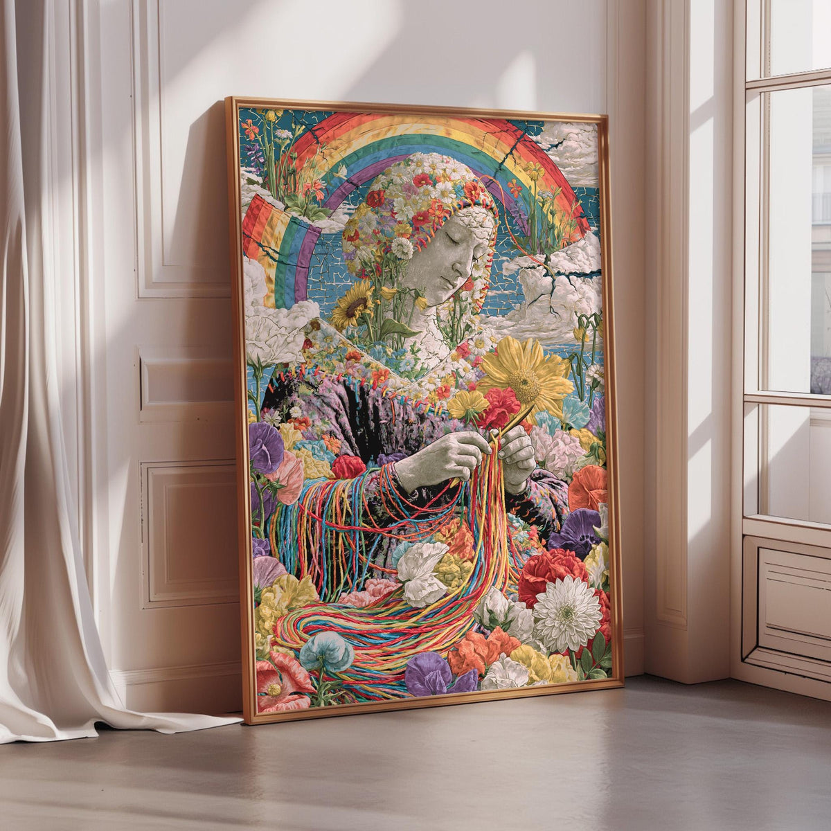 The image is a vibrant and colorful painting depicting a woman surrounded by a multitude of flowers and a rainbow.