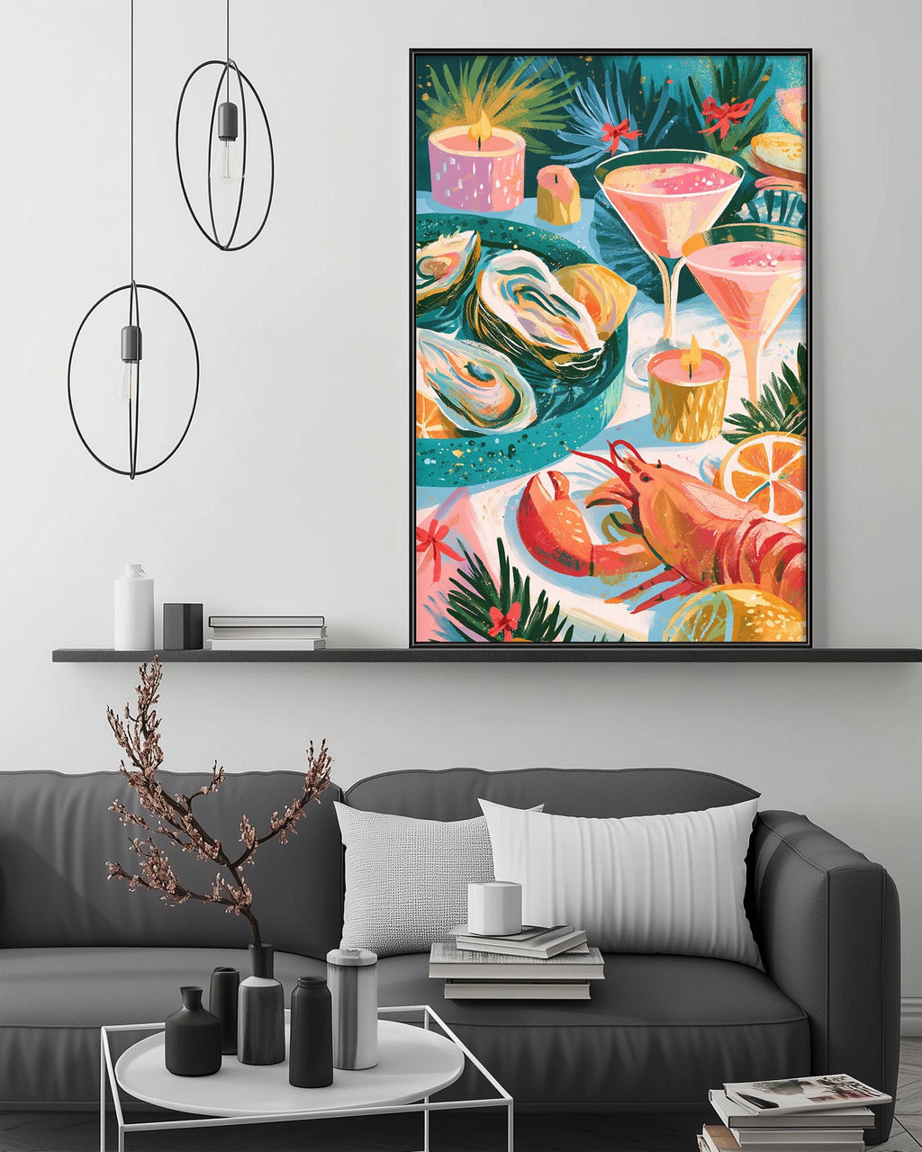 a vibrant and colorful painting of a seafood-themed cocktail party, with various drinks and garnishes such as shrimp, oranges, and a martini glass. The painting is displayed on a wall above a gray couch, which is decorated with a small tree and other decorative items.