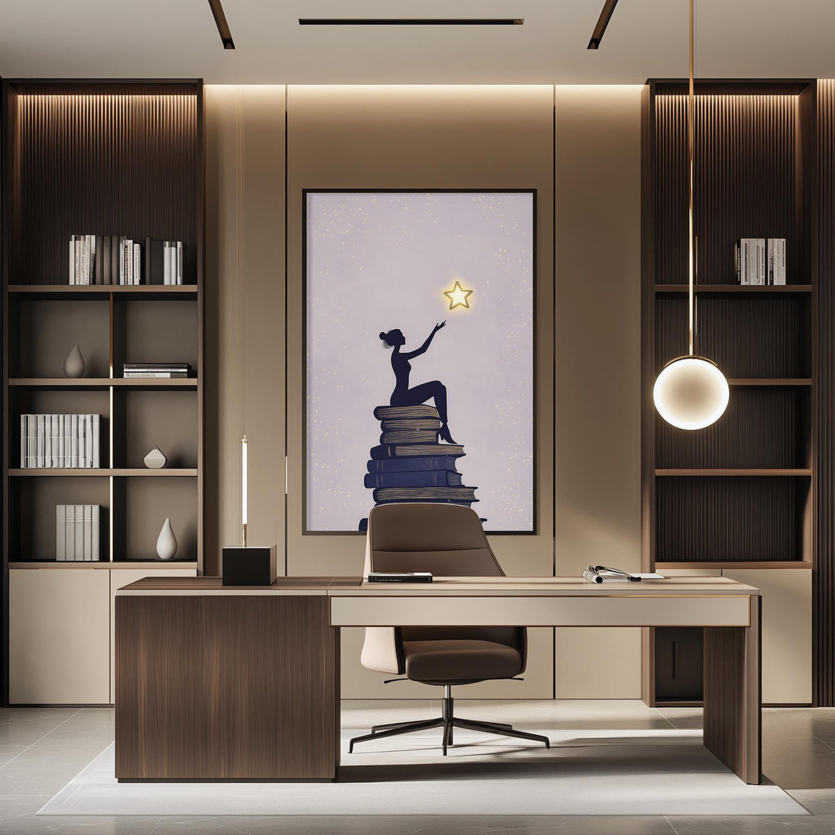 a modern and well-lit office space with a desk, chair, and bookshelves. A large poster of a woman reaching for a star is displayed on the wall above the desk.