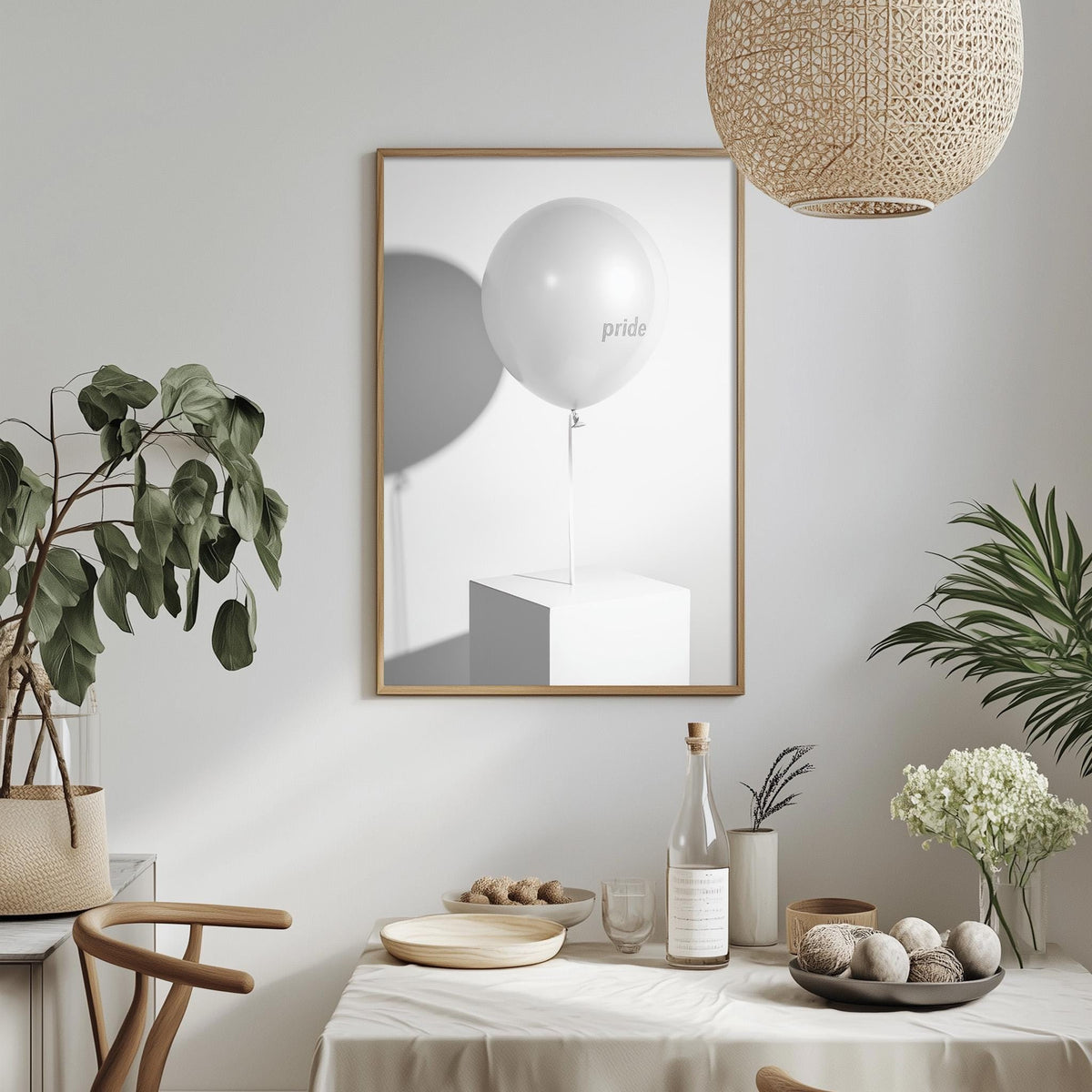 a minimalist dining room with a white tablecloth, a framed picture of a white balloon with the word "pride" on it, and various decorative elements such as potted plants, vases, and bowls.