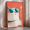 A framed illustration of a cat wearing sunglasses and holding a wand, set against a vibrant red background with a bright star.