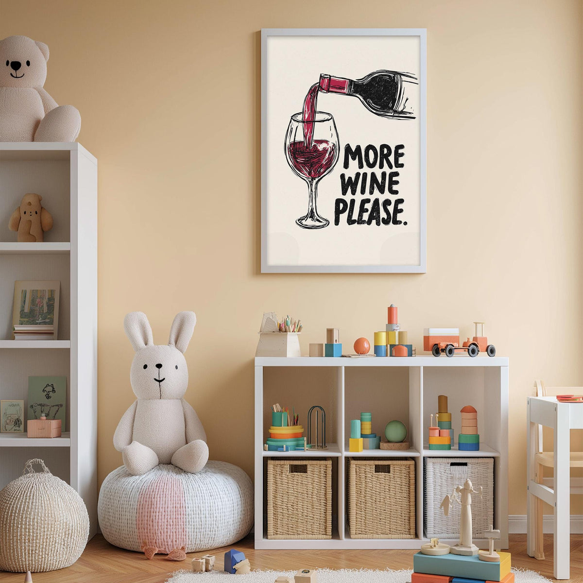 a child's room with a white bookshelf, a stuffed rabbit, a toy train, and a framed poster with a wine glass and the text "MORE WINE PLEASE".