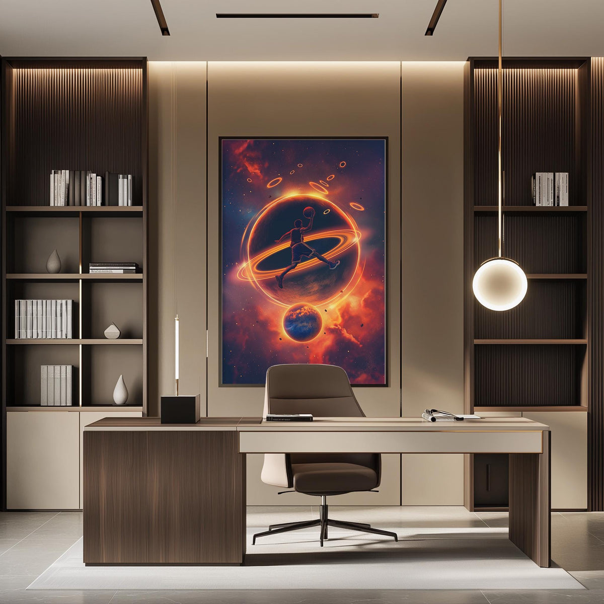 a modern office space with a large, colorful painting of a planet and a human figure suspended above a desk with a computer monitor and chair.