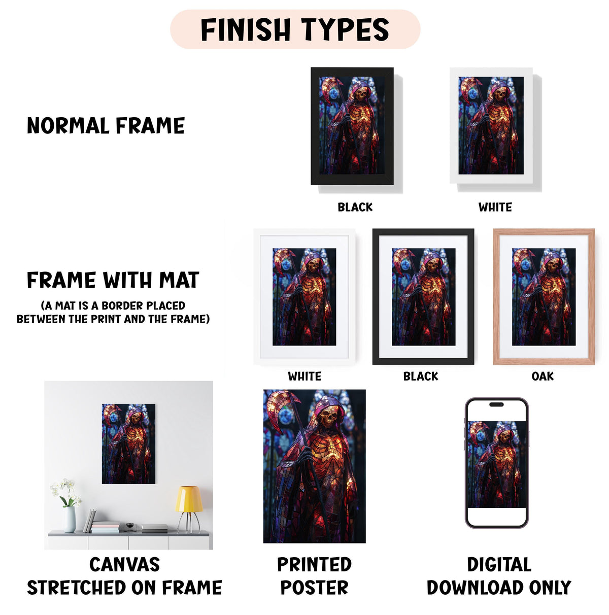various types of artwork, including a normal frame, a frame with a mat, a white frame, a black frame, an oak frame, a white canvas stretched on a frame, a printed poster, and a digital download only.