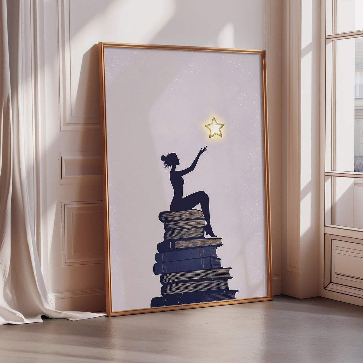 A framed illustration depicting a silhouetted figure reaching up towards a star, with a stack of books below.