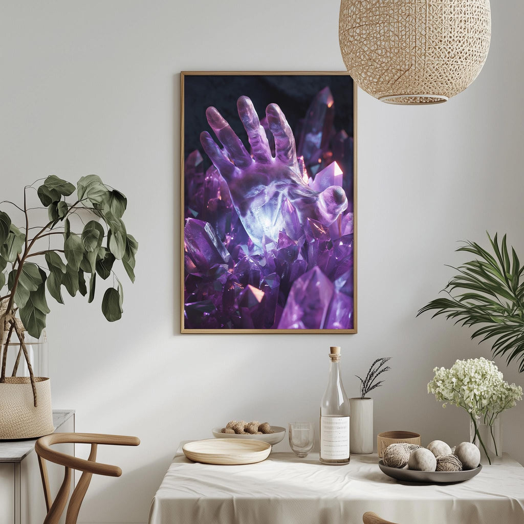 a framed artwork of purple crystals hanging on a wall, with a dining table and chairs in the foreground.