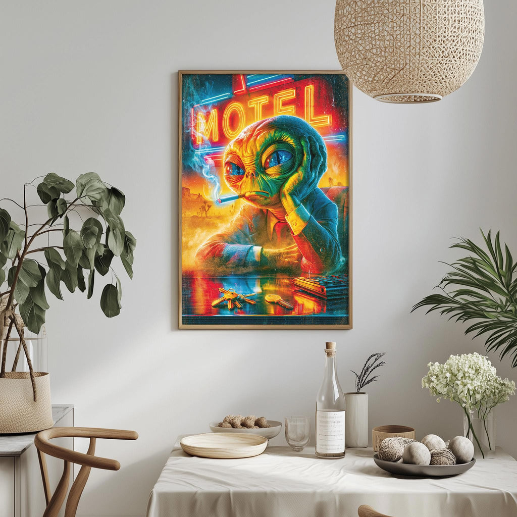 a vibrant, colorful painting of an alien character sitting at a table, with a neon sign that reads "MOTEL" above it. The painting is hanging on a wall, and there are various decorative elements in the room, including potted plants, a dining table, and a bowl of fruit.