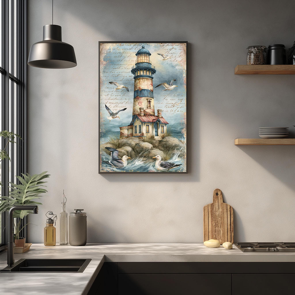a framed painting of a lighthouse on a wall, with a kitchen counter and various kitchen items in the foreground.