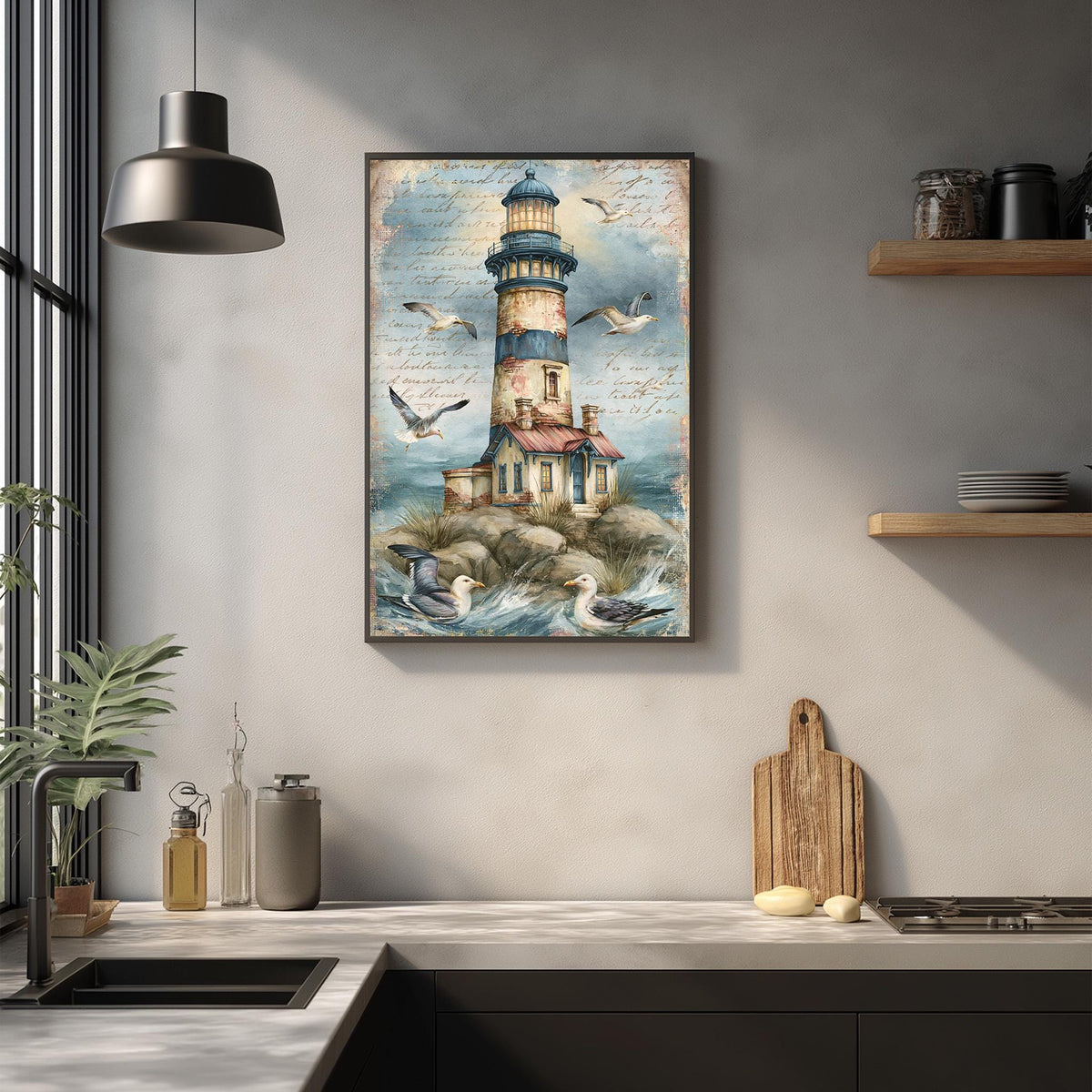 a framed painting of a lighthouse on a wall, with a kitchen counter and various kitchen items in the foreground.