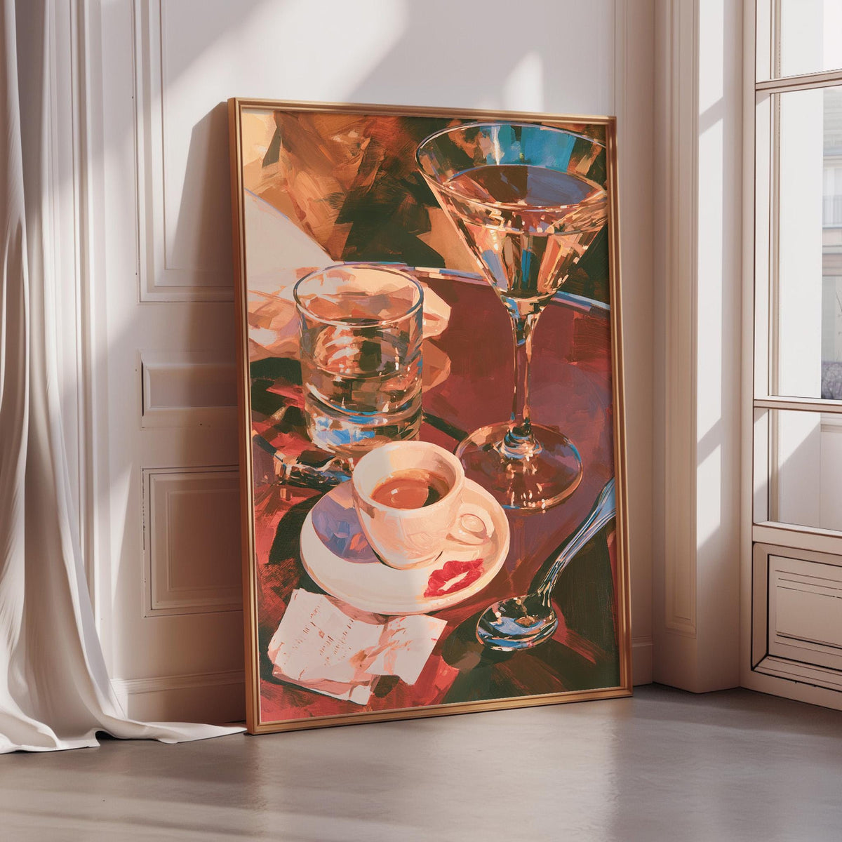 A framed painting depicting a table with various glassware, including a martini glass, a coffee cup, and a wine glass, set against a colorful background.