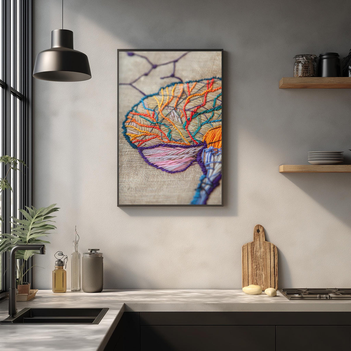 a kitchen counter with various items, including a framed embroidered image of a brain, a wooden cutting board, and a potted plant.